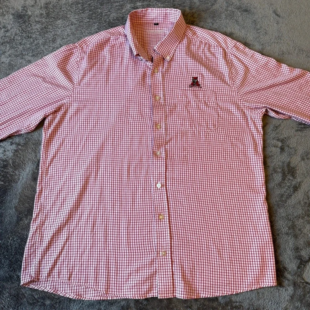 Mens Red White Gingham Check Button Down Shirt Large Embroidered Cardinal Logo